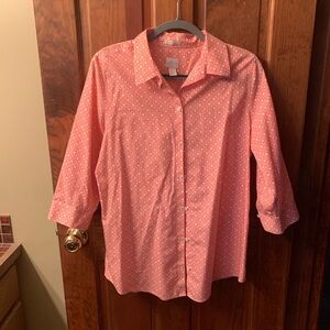 Chico blouse, vibrant ORANGE, PINK and WHITE, geometric pattern. NO IRON!